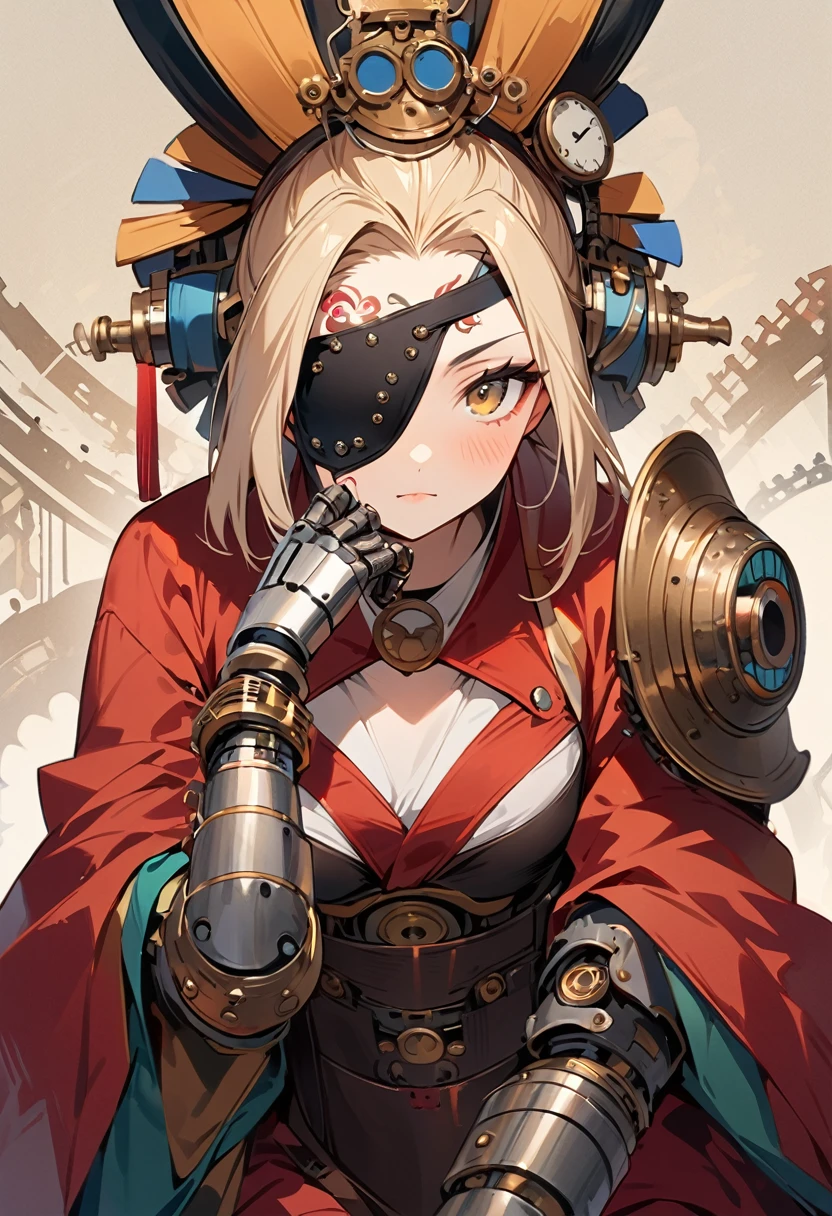 Ink painting, (((1 girl )), (((Tattoo in the middle of the forehead))), (((Oiran))), (((Great hair accessories))), Demon possession, ((Eye patch over:1.3)), (((Masterpiece、Highest image quality、Highest quality、Extremely detailed unit 8ｋWall paper))), ((Illustration of one girl、Upper body covered))、(((beautiful girl))), (Female pirates), (Light golden hair、short ponytail;：1.2、Yellow eyes), (((Artificial body and hands、Steampunk prosthetic arm and body)))、 ((long)), Graceful arms, Graceful legs, (Team captain&#39;suit、Pirate hat、Blue coat), Inside the ship