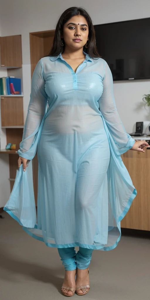 Day scene, A radiant, full-figured South Indian 3 aunty a light blue colour chiffon fully transparent kurta, bra visible through kurta, ,standing, in a office captured in a full-body image with vibrant hues and meticulous details. Full body image