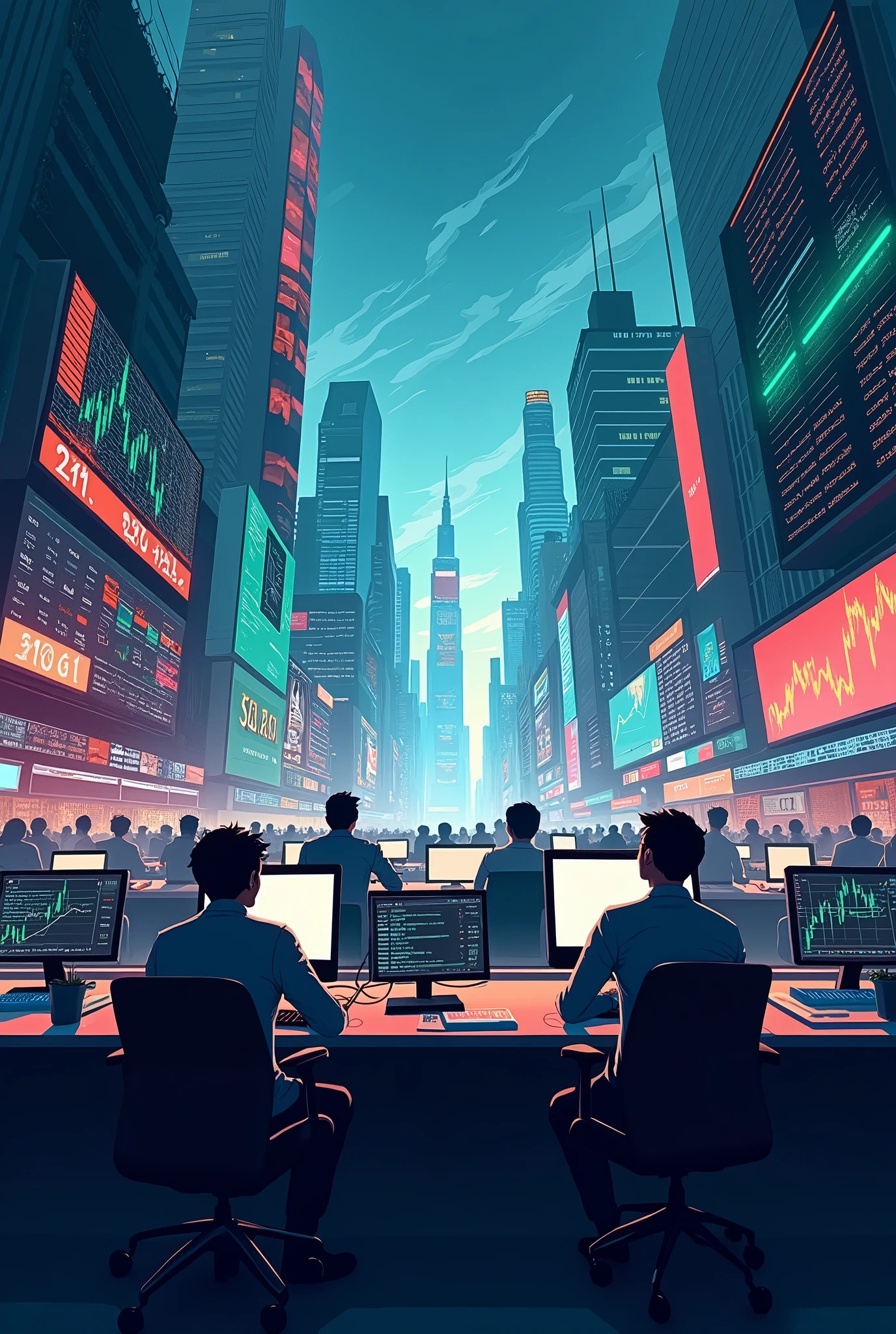 Create an image of a dynamic stock market scene with fluctuating graphs on digital screens. Include candlestick charts, stock tickers with green and red arrows, and a city skyline in the background. The mood should be energetic, capturing the fast-paced nature of trading.