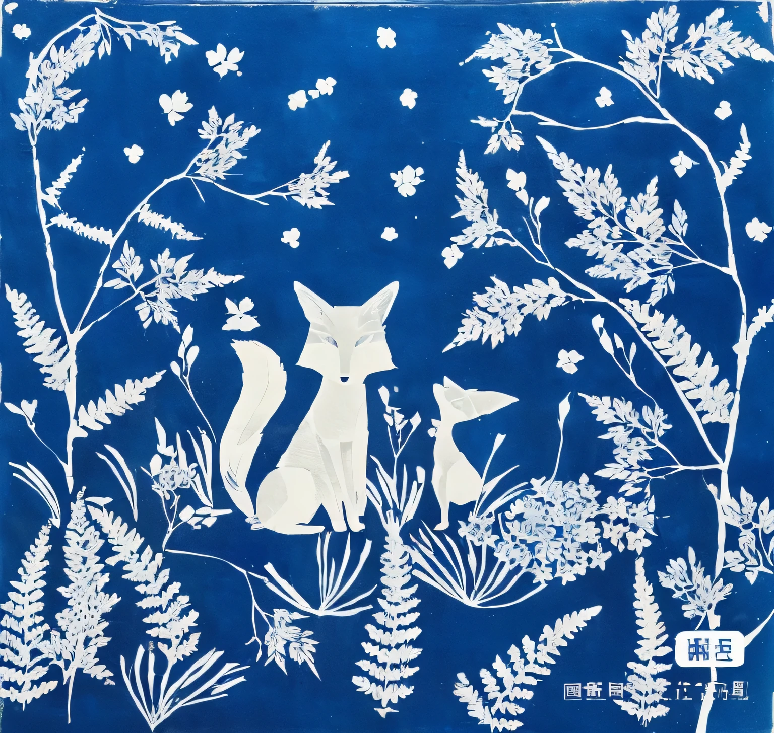 There is a blue and white picture of a fox and a squirrel, Cyanotype, Blue woodblock print, Inspired by Lotte Reiniger, By Maki Shira, author:Reiko Ikemura, author:Travel in Kana, (screen print), author:Yunguo Dongyan, Blue Forest, author:Nakahara Nantenbo