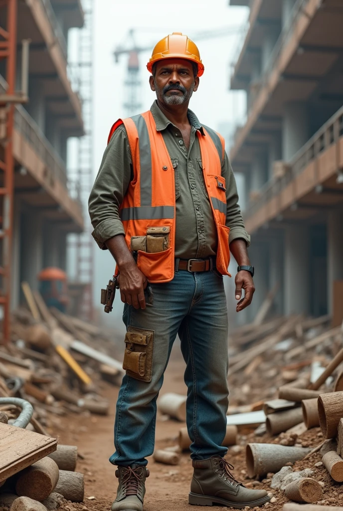 engineer Male, 2, Indian, height 175, weight 65, hairstyle indian with bread full image on construction site
