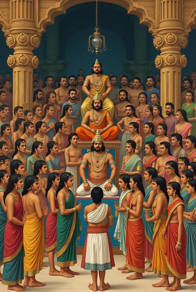 Bindusara surrounded by 101 sons and 16 wives, yet with Ashoka standing apart, creating a sense of isolation.