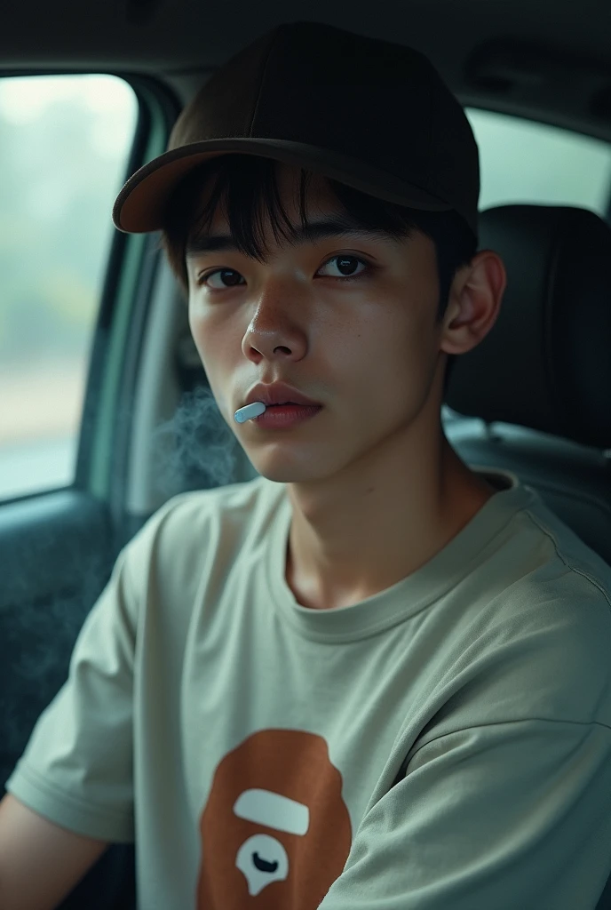 A  with a low tap cap with brown eyes a bape t shirt a little smoke that comes out of his mouth Without cigarettes and white skin in a car