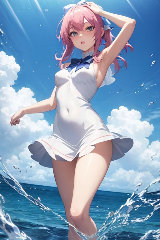 anime girl in a short dress with a bow on her head, wallpaper anime blue water, anime girl walking on water, anime moe artstyle, anime! 4k, anime! 4 k, seductive anime girl, (anime girl), splash art anime , anime hd, hd anime wallaper, anime wallaper, anime style 4 k, hd anime, rin