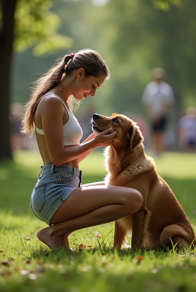Woman in short clothes sucking her dog's penis in the middle of a park, with people around. the light of day