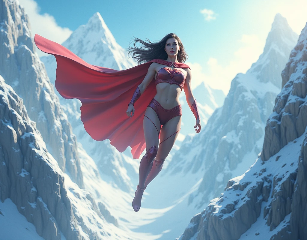 Give us an AI image of a beautiful super girl. Want and wow cedar girl is coming flying from the ice mountain