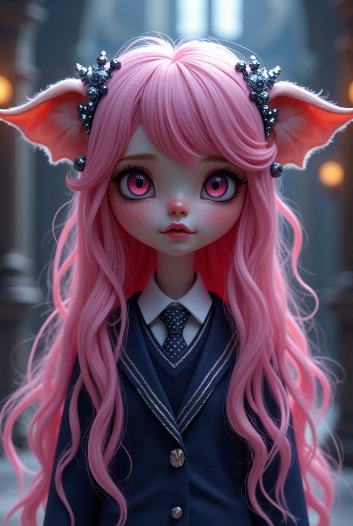  girl,long bubblegum pink hair,pink eyes, parts, full lips,big eyes long eyelashes, childish traits , Ravenclaw, Hogwarts