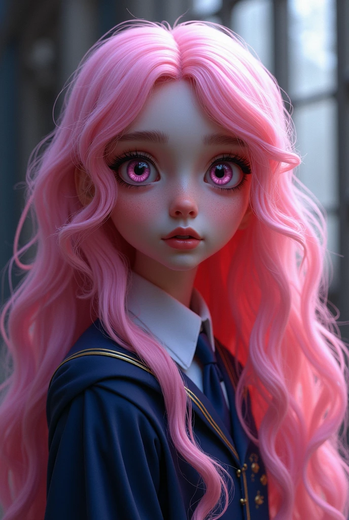  girl,long bubblegum pink hair,pink eyes, parts, full lips,big eyes long eyelashes, childish traits , Ravenclaw, Hogwarts