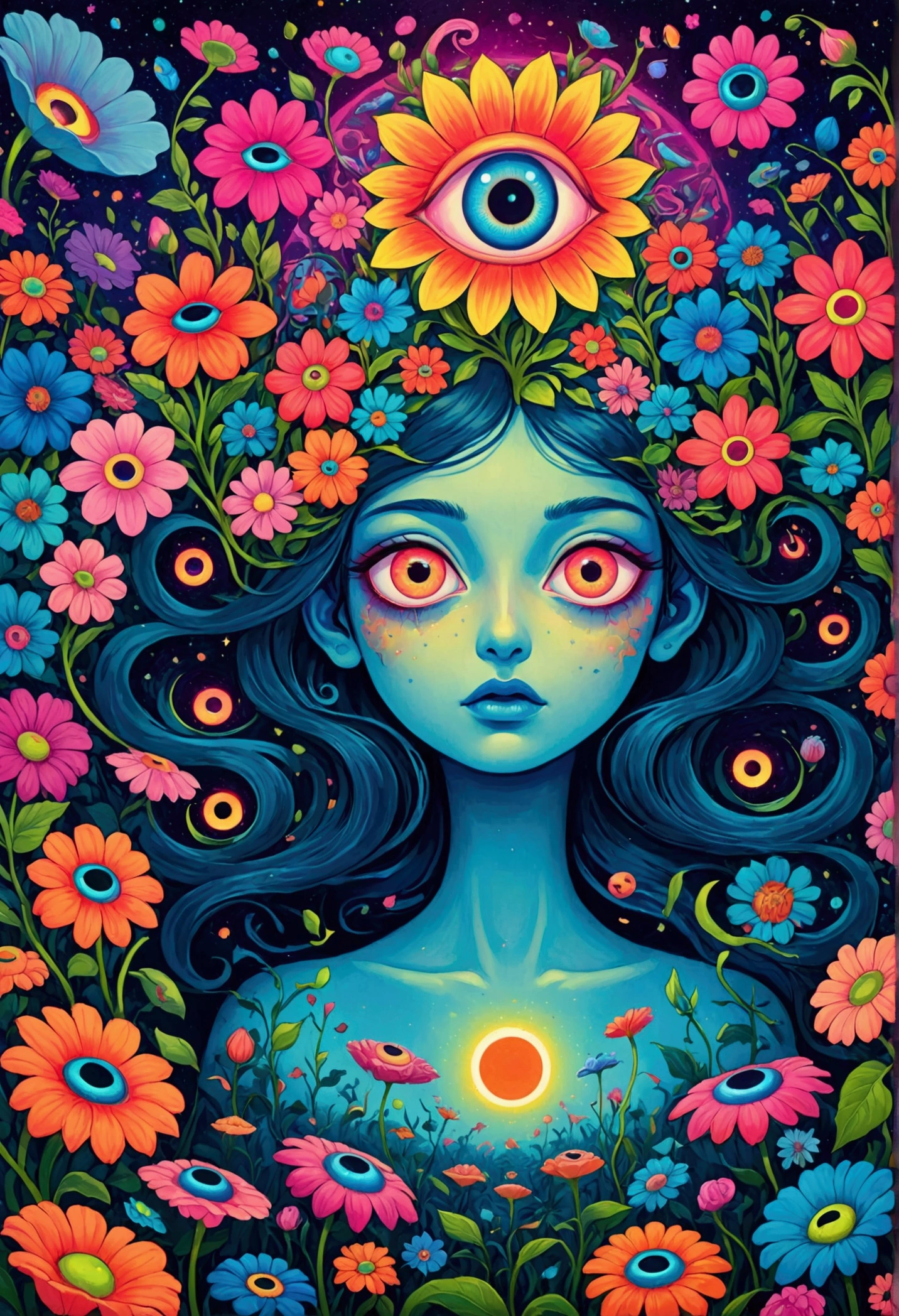 A poster,There is a flower with big eyes on it,Surrounded by flowers, Psychedelic illustration, beeping sounds and james jean, Surrealism psychedelic design, psychedelic Surrealism art, Surrealism + Very detailed, Surrealism design, Psychedelic cosmic horror, beeping sounds and jeremiah ketner, Complex artwork. Neon eyes, Otherworldly visuals, Psychedelic art style, beeping sounds. Surrealism