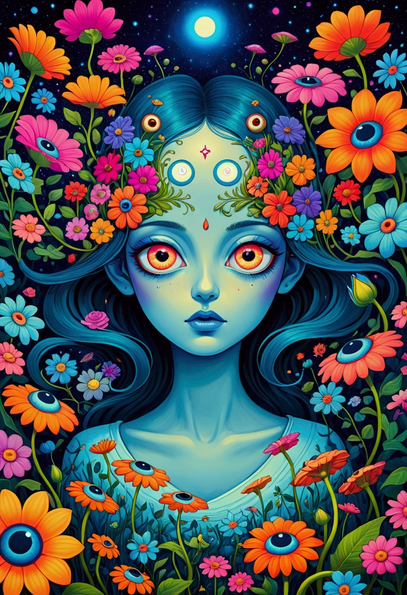 A poster,There is a flower with big eyes on it,Surrounded by flowers, Psychedelic illustration, beeping sounds and james jean, Surrealism psychedelic design, psychedelic Surrealism art, Surrealism + Very detailed, Surrealism design, Psychedelic cosmic horror, beeping sounds and jeremiah ketner, Complex artwork. Neon eyes, Otherworldly visuals, Psychedelic art style, beeping sounds. Surrealism