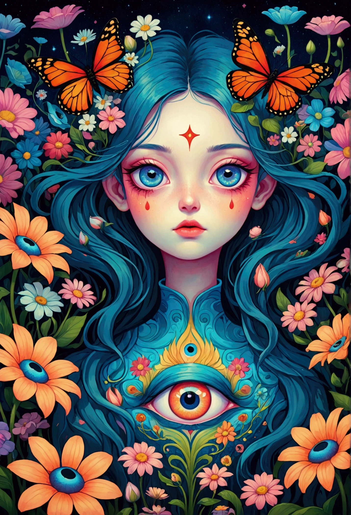 A poster,There is a flower with big eyes on it,Surrounded by flowers, Digital art inspired by Marco Mazzoni, Winner of the Behance competition, Psychedelic Art, Psychedelic illustration, beeple 和 james jean, Surrealism psychedelic design, psychedelic Surrealism art, Surrealism + Very detailed, Surrealism design, Psychedelic cosmic horror, Beeple 和 Jeremiah Ketner, Complex artwork. Neon eyes