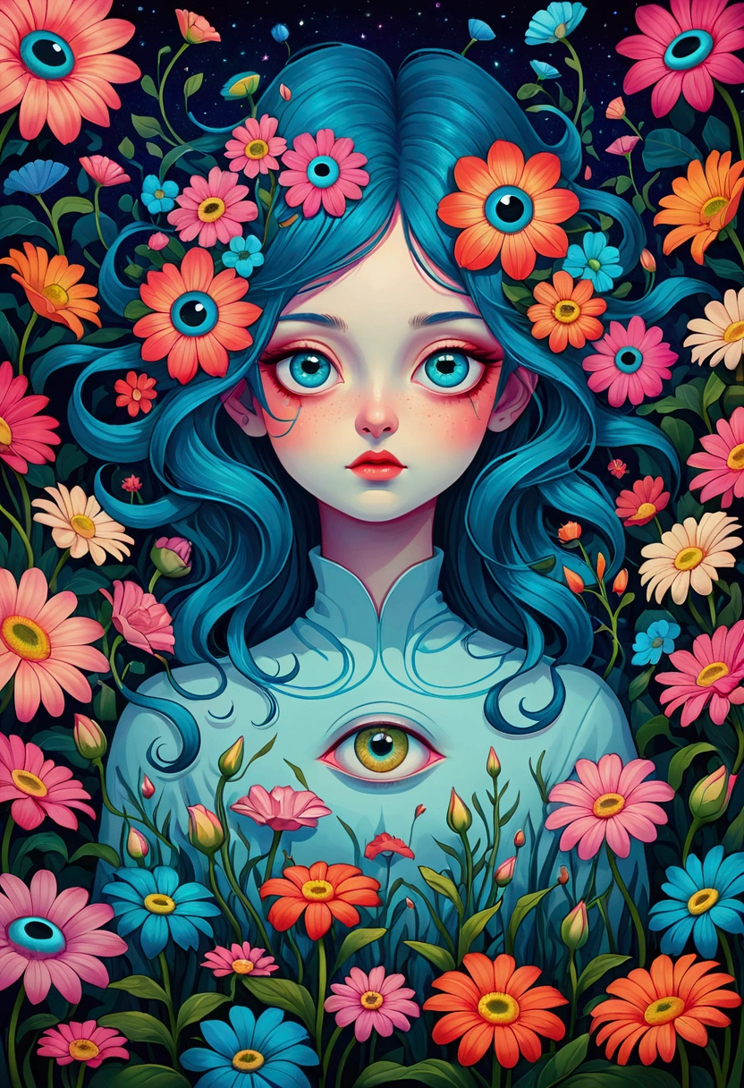 A poster,There is a flower with big eyes on it,Surrounded by flowers, Digital art inspired by Marco Mazzoni, Winner of the Behance competition, Psychedelic Art, Psychedelic illustration, beeple 和 james jean, Surrealism psychedelic design, psychedelic Surrealism art, Surrealism + Very detailed, Surrealism design, Psychedelic cosmic horror, Beeple 和 Jeremiah Ketner, Complex artwork. Neon eyes