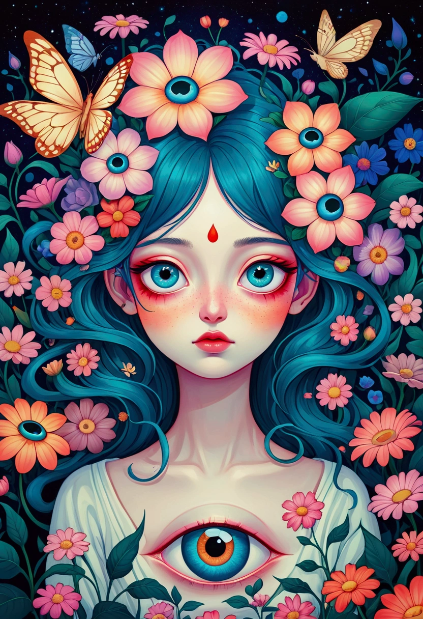 A poster,There is a flower with big eyes on it,Surrounded by flowers, Digital art inspired by Marco Mazzoni, Winner of the Behance competition, Psychedelic Art, Psychedelic illustration, beeple 和 james jean, Surrealism psychedelic design, psychedelic Surrealism art, Surrealism + Very detailed, Surrealism design, Psychedelic cosmic horror, Beeple 和 Jeremiah Ketner, Complex artwork. Neon eyes
