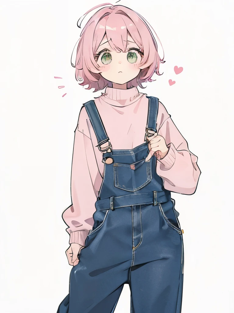 Pink adorable femboy, large sweater, overalls, shy