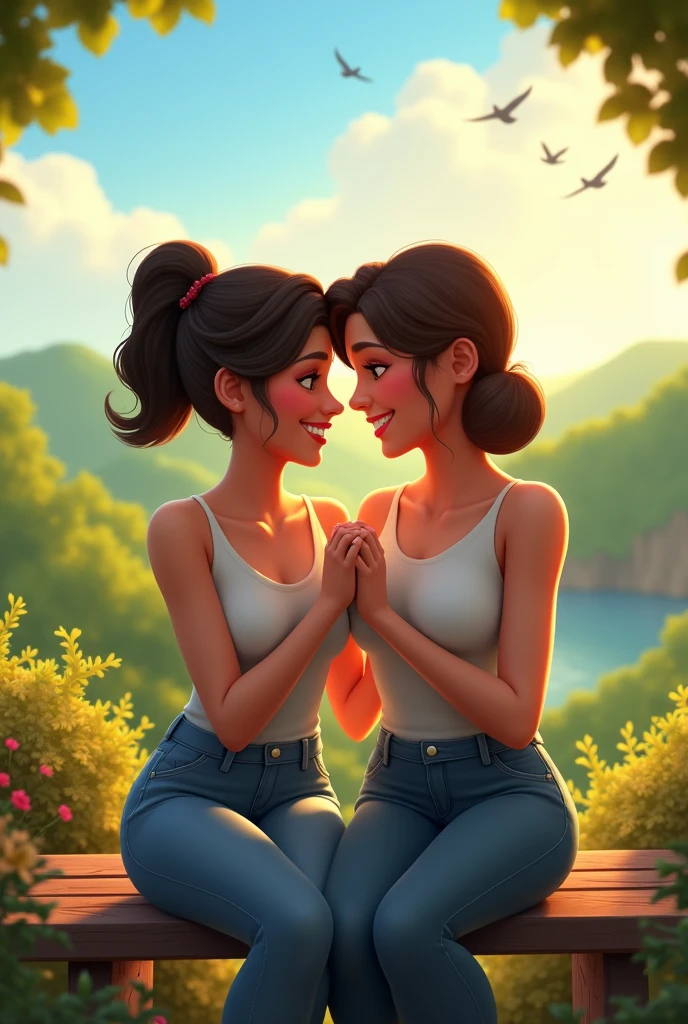 Rebecca Patricia Armstrong and Freen Sarocha with different hairstyles, sitting on a bench and holding each other full of love with beautiful scenery in the background and birds flying in sims animation.