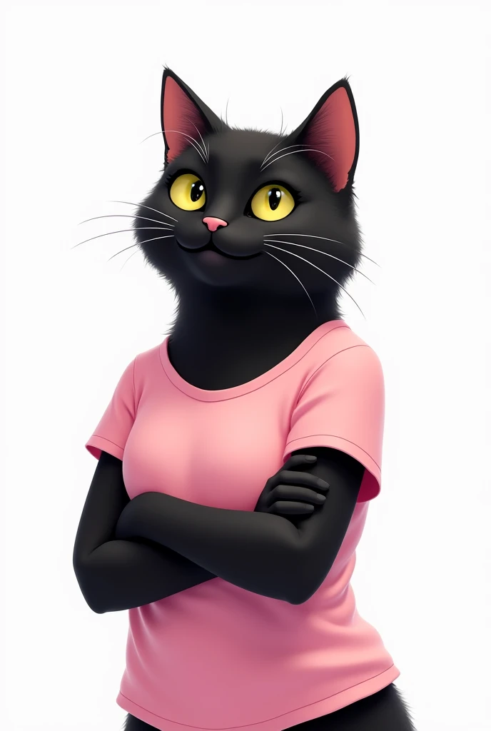 "A adult female black cat. Looking straight ahead wearing pink t-shirt. Background white. crossing her arms and smiling