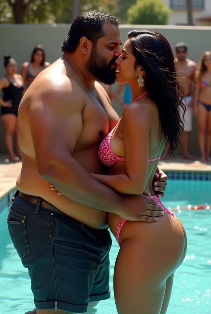 A fat indian man kissing a skinny naked big booty latina milf at a public pool