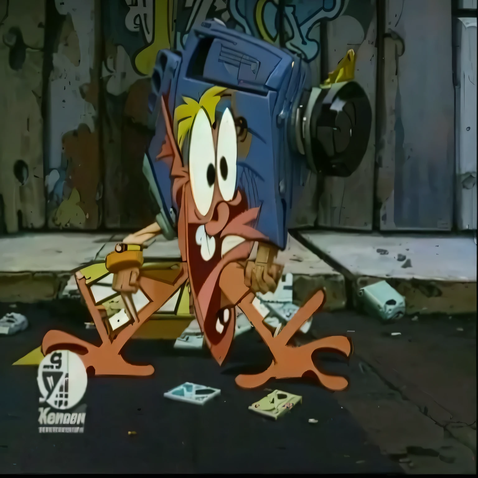 Cartoon character with a broken leg and a torn wallet., Loony Toons style, Ren y Stimpy style, 1990s cartoons, Ren y Stimpy, 90s cartoons, gadget key, 90s cartoons, por Hanna-Barbera, Loony Toons, screen cover, drawn, Cartoons of the 80s