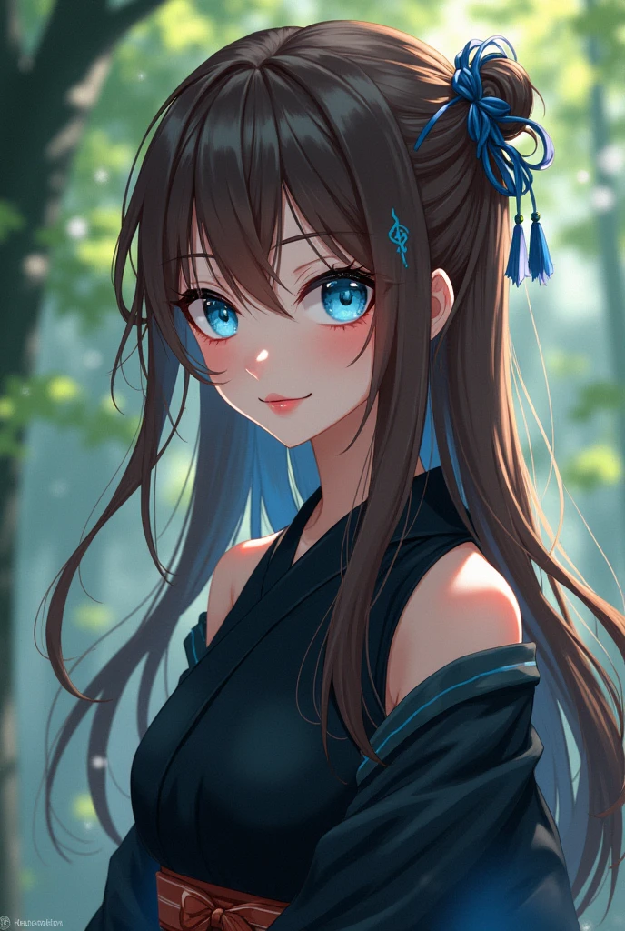 Give me female characters inspired by Kimetsu no Yaiba Demon Slayer a 1 girl with long brown hair and blue hair tips with blue eye color, wearing a black kimono, with details of clouds painting her lips red with a lipstick, With a shy but smiling expression in a background with trees the girl is NOT looking directly in front of her, she is looking to the side