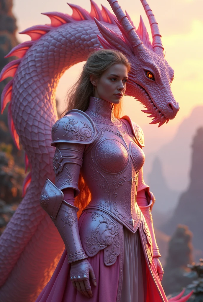 A female knight stands beside her dragon in a fantastical landscape. The knight is clad in shimmering pink plate armor with intricate engravings, reflecting the soft light of dawn. The dragon's scales glisten in shades of pink, and it coils protectively around the knight, its eyes glowing with an intense, fiery gaze. The overall mood is magical and enchanting.
