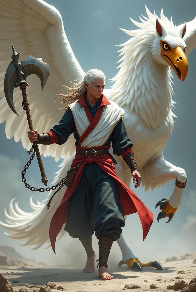 Ninja man with thin white air power with white red and black suit, brown hair with a large aluminum and gold colored sickle in his left hand tied to a chain that he has tangled in his right hand without shoes with a silver-white air hippogriff, yellow and orange beak golden horse legs, eagle claws as a pet with open wings neighing and open beak, 