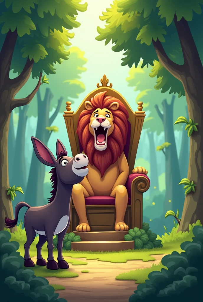 Even before that, how did they get to the place in the forest, where the lion sat on his throne, the donkey started to bray: cartoon. Only one donkey