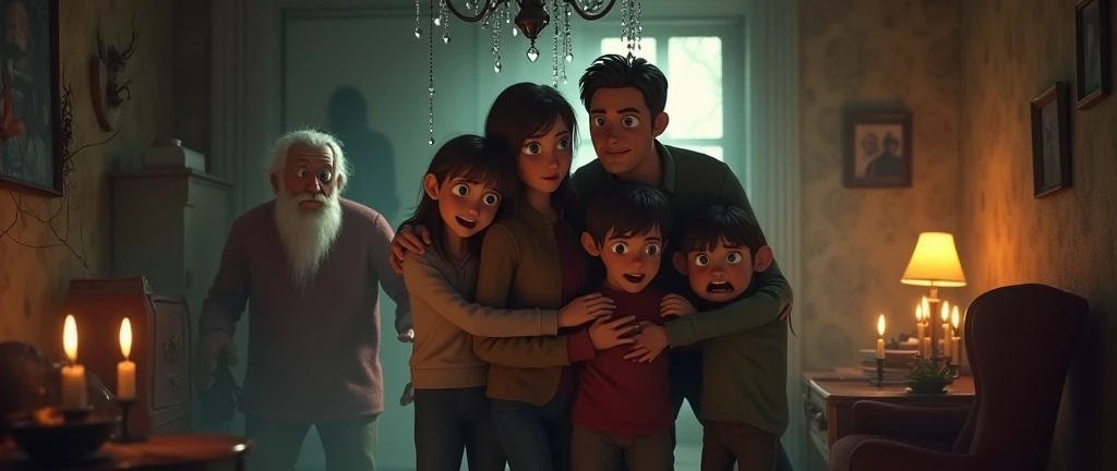 In 3D animation style:A terrified family consisting of a couple, their two children, and their elderly grandparents inside a horror house. The scene is set in a 16:9 ratio, showing a wide view of the dimly lit room with eerie shadows cast by flickering candlelight. The couple, a man and a woman in their 30s, are holding each other tightly, wide-eyed and fearful. Their two children, a boy around 10 and a girl around 8, are clutching their parents, looking scared. The grandparents, an elderly man with a white beard and glasses and a woman with a kind face and silver hair, are standing behind them, also looking frightened. The background features cobwebs, old, dusty furniture, and spooky portraits on the walls, creating a classic haunted house atmosphere. There are also spider webs in the corners, creaky floorboards, and a broken chandelier hanging above, enhancing the horror theme.