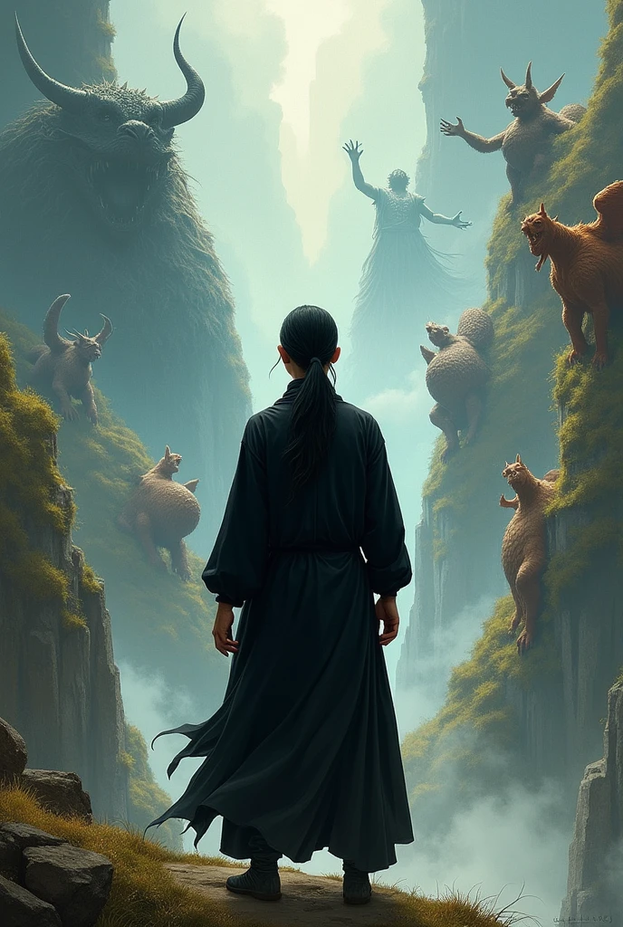 A young man with his back turned, with long hair tied in a ponytail and wearing black robes, He looks so relaxed despite the view in front of him, where several beings are seen watching this one; Among these beings there were demons, dragons, giants, elves, angeles