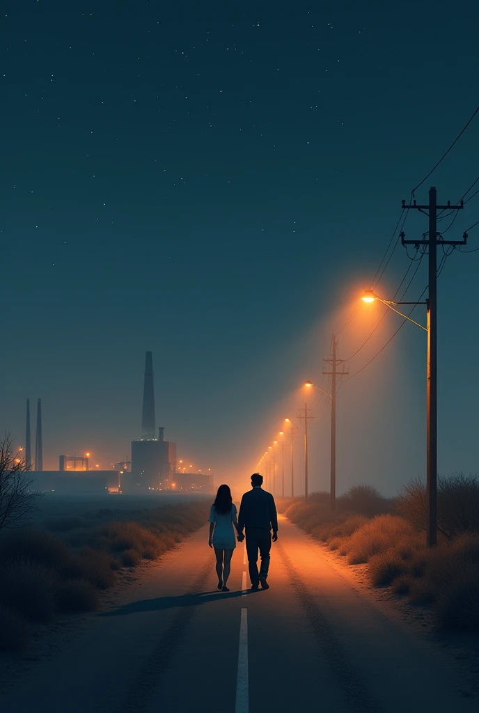 Desert factory road in the night, one side factories and city other side desert with bushes, starry night, couple walking holding each others hand, light foggy, sodium street light, mystic feel, lone road, beautiful girl- hight 5'2" weight 55 kg, man 5'7" weight 85 kg