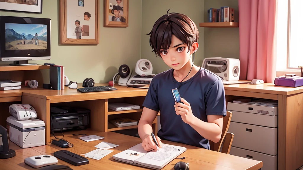 Make a picture of a handsome boy in his 20s, casual, wearing earphones, in his room playing games on the computer
