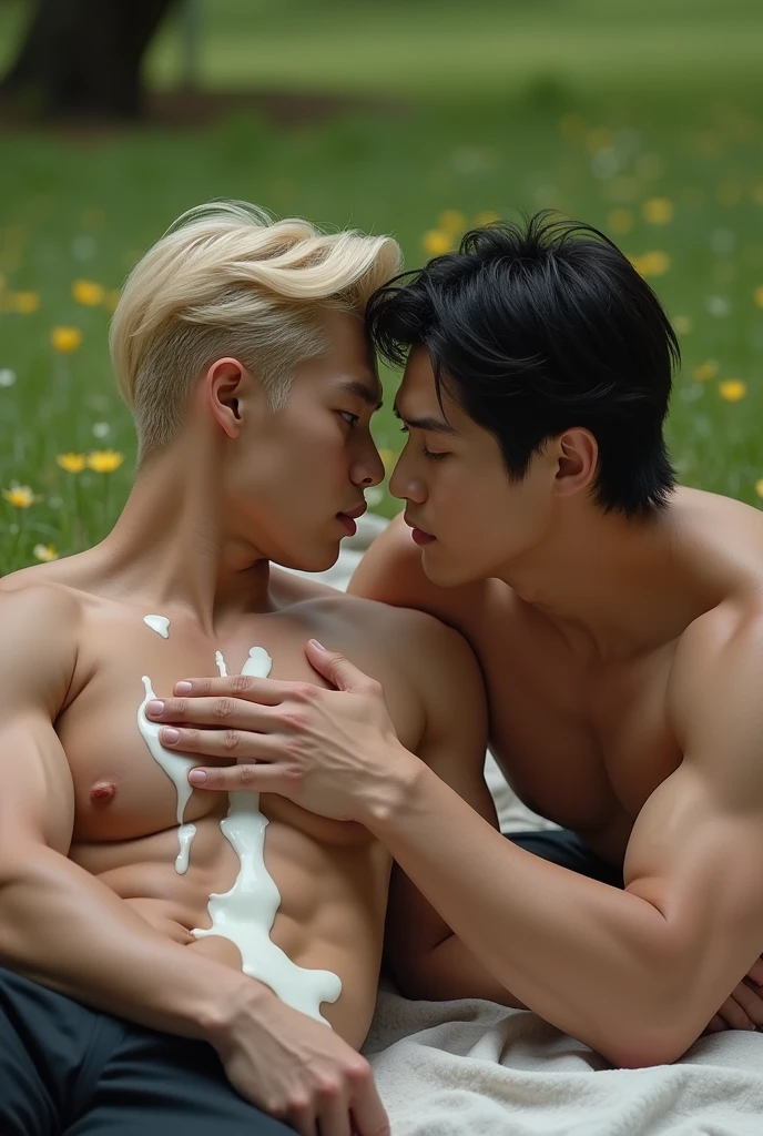 photorealistic, best quality, masterpiece, extremely detailed, sexy, homoerotic, extremely handsome, youthful, 2 handsome and muscular korean young man, milk spilled on his body, blond hair, fair skin, (((muscular bodybuilder))), (((massive thighs))), wearing a white thong, lying down on a picnic mat, happy, at park, extremely romantic atmosphere, perfect face, perfect fingers, perfect hands, perfection