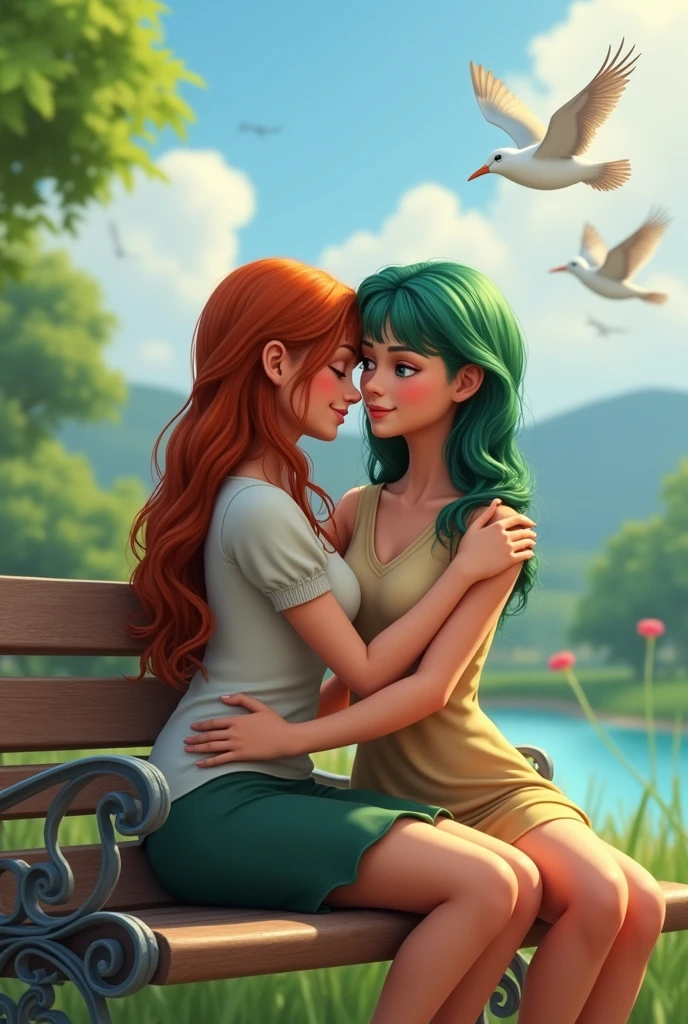 Rebecca Patricia Armstrong and Freen Sarocha with different hairstyles, sitting on a bench and Freen holding Rebecca in her arms with beautiful scenery in the background and birds flying in sims animation.