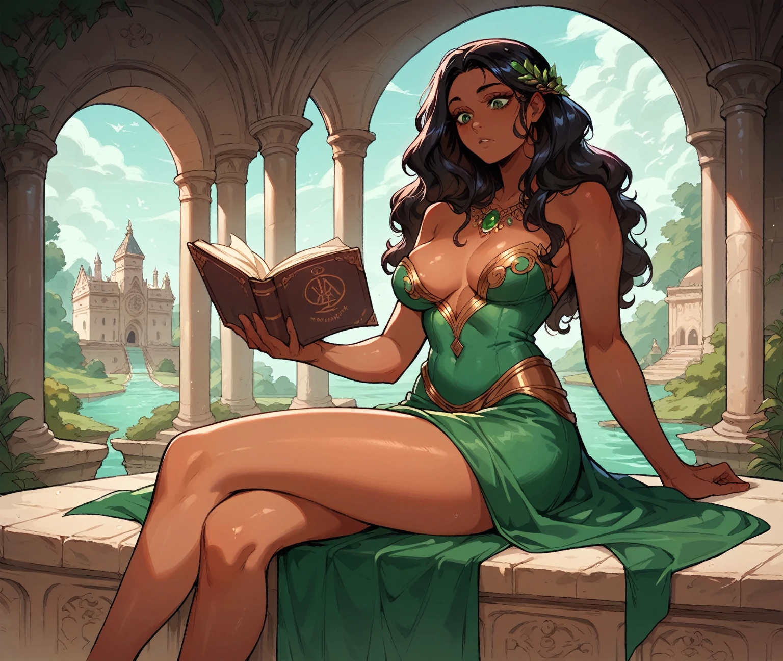  breasts, thighs, dark skin, long wavy black hair, green eyes, enchanted wet siren outfit, curious seductive expression, sitting on a ledge reading a book, ancient cathedral with water.