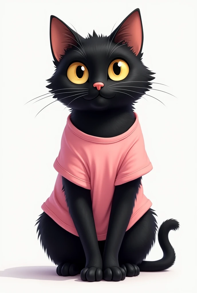 "A adult female black cat. Looking straight ahead wearing pink  t-shirt. Background white. crossing her paws and smiling 