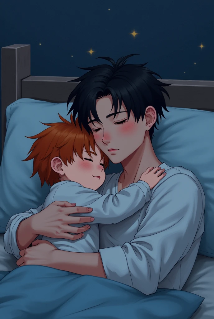 Yeonjun, with his deep orange hair, sports a pure look and an angelic face. He wears comfortable pajamas and a white shirt that highlights his figure. In his arms, Christopher hugs him tightly, dispelling his fears in the cold night that surrounds them. Christopher's ink-black hair contrasts with the softness of his white shirt. bathes their faces in a silver light, while the wind whispers a melody of love. Yeonjun feels comforted in Christopher's chest, his heart finding peace as they rest on the bed, embraced by the silence of the night. Yeonjun is 1 and Christopher is 20 years old, both are male.