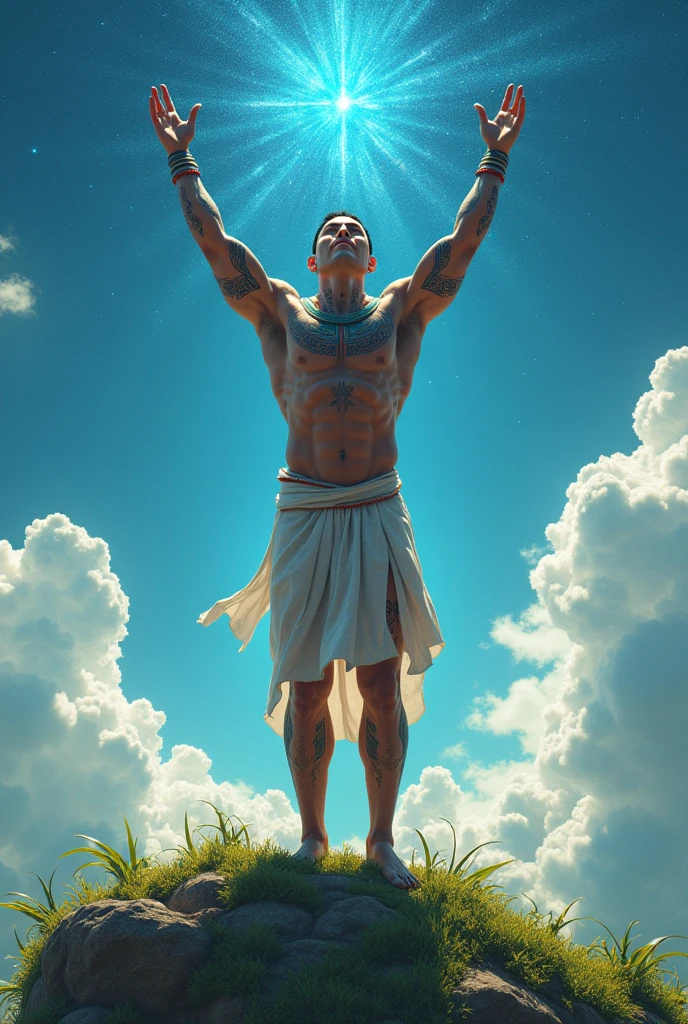 Depict Shu in the dramatic act of separating the sky from the earth in Egyptian mythology. Shu is shown with his arms extended upward, holding the sky, his muscles tensed with the divine effort. His attire is minimal, with a simple white kilt, and his body is covered in symbolic tattoos representing air and breath. The earth below him is lush and green, while the sky above is a vibrant blue with stars just beginning to appear. Use masterpiece, best quality, CG, wallpaper, HDR, high quality, ultra detailed face, cinematic, high detail, 8k, raw, high, artstation HQ, unreal engine, octane renderer, 4k resolution, hyperrealistic, highly detailed, and absurdres settings
