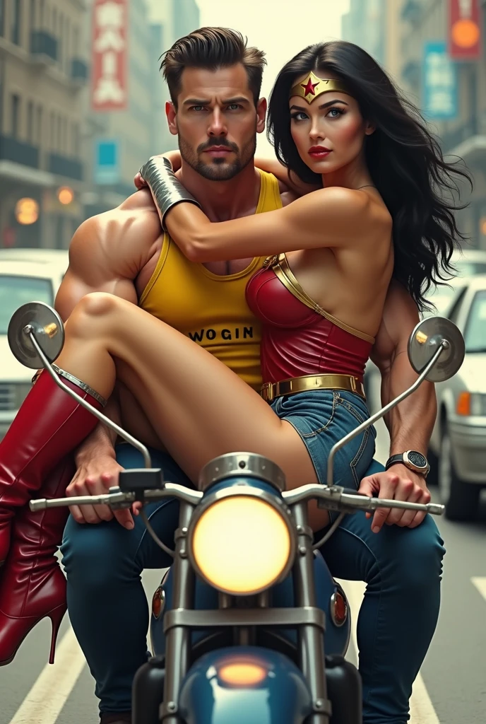 Muscular man, yellow vest that says "Maxim", slightly long hair, riding a scooter, looks handsome, carrying a beautiful Wonder Woman in blue eyes, black hair wearing Wonder Woman's tiara, red and gold bus ((silverwrist bracelets:1.2)), ((Red knee high boots:1.2)), golden belt with athletic and muscular body with big breasts, city background, many cars on the street. (perfect anatomy), (masterpiece:1.2), (best quality:1.2), intricate details, Delicate Details, sharp focus, perfect hands, perfect face, perfect eyes, perfect light, dynamic light, natural light. 