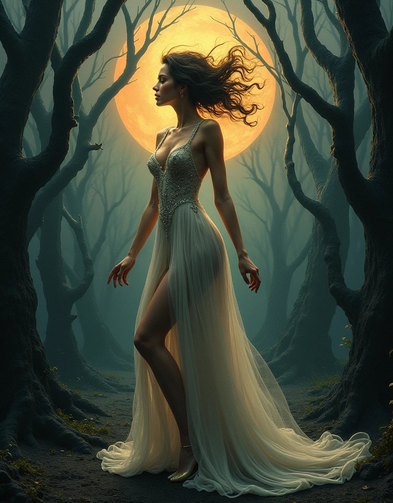 Full body image, 8k, masterpiece, Most detailed, highest quality, Perfect look. Too real oil, create a sense of fit, Sunburn, logic, Bouncing, naked, Grey Wolf, (Long Hair:1.3), dark theme, Dense forest, full moon, night, dark,Ample breasts,Wet,Sweet Breath,Shame,pubic hair,Pant voice,Show off