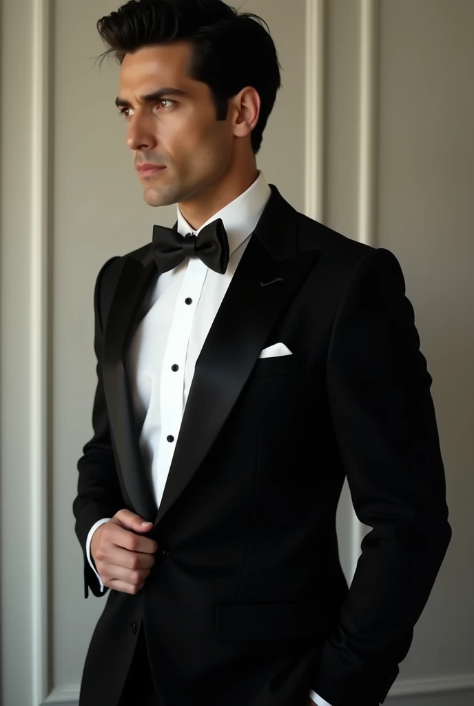 A handsome man side pose in tuxedo