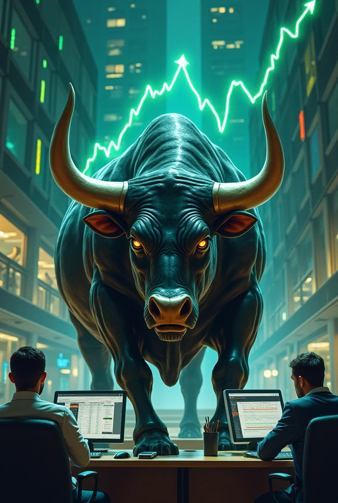  "Design an image featuring a strong bull symbol in the foreground, with upward-trending financial charts and green arrows representing market growth. The background should include a modern office setting with business professionals analyzing data on multiple screens."