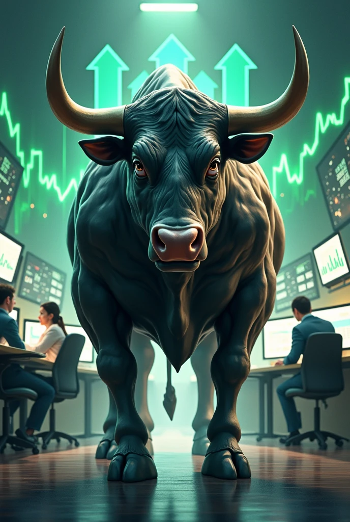 "Design an image featuring a strong bull symbol in the foreground, with upward-trending financial charts and green arrows representing market growth. The background should include a modern office setting with business professionals analyzing data on multiple screens."