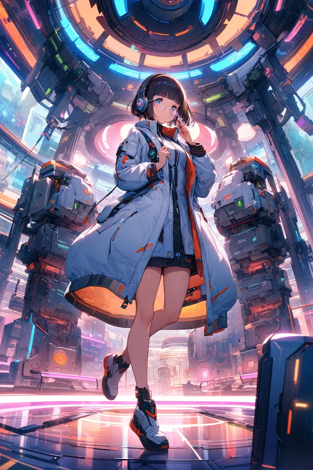 (extremely detailed fine touch:1.3), Vibrant colors, Soft tones, With warm and gentle lighting, girl, solo, (((silver semi-rimless eyewear:1.3))), (headphone:1.0), short hair, blunt bangs, full body, Faithfully recreates the gesture of putting on glasses, Futuristic, Futuristic White coat, Science Fiction, Science Fiction Laboratory, Various research machines, Futuristic Under Research