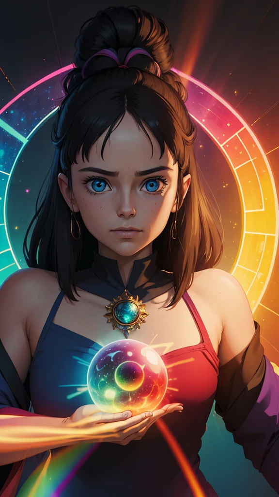 Create a realistic portrait in the style of a human photo. A third eye in the center of the forehead. The character has a transparent glass body, meditating, surrounded by bright neon-like rainbow colors circling around and emitting from the body. In the center of the chest, bright, overlapping rainbow glass orbs radiate out, creating a sense of energy or aura. The intricate cosmic background emphasizes the bright effect of the colors. The back of the character's head is overlapping large circles of 7 colored spectral lights, drawing attention to the colorful display around the body. The design subtly combines ancient and futuristic elements with themes of mystery, the universe, and spirituality. The character appears powerful and surreal, reflecting the mystery and power of the universe.
