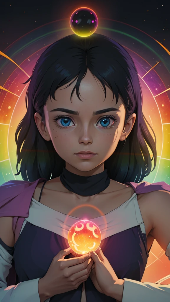 Create a realistic portrait in the style of a human photo. A third eye in the center of the forehead. The character has a transparent glass body, meditating, surrounded by bright neon-like rainbow colors circling around and emitting from the body. In the center of the chest, bright, overlapping rainbow glass orbs radiate out, creating a sense of energy or aura. The intricate cosmic background emphasizes the bright effect of the colors. The back of the character's head is overlapping large circles of 7 colored spectral lights, drawing attention to the colorful display around the body. The design subtly combines ancient and futuristic elements with themes of mystery, the universe, and spirituality. The character appears powerful and surreal, reflecting the mystery and power of the universe.
