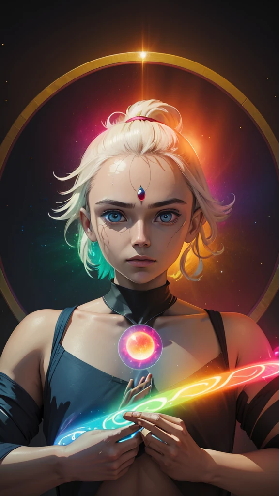 Create a realistic portrait in the style of a human photo. A third eye in the center of the forehead. The character has a transparent glass body, meditating, surrounded by bright neon-like rainbow colors circling around and emitting from the body. In the center of the chest, bright, overlapping rainbow glass orbs radiate out, creating a sense of energy or aura. The intricate cosmic background emphasizes the bright effect of the colors. The back of the character's head is overlapping large circles of 7 colored spectral lights, drawing attention to the colorful display around the body. The design subtly combines ancient and futuristic elements with themes of mystery, the universe, and spirituality. The character appears powerful and surreal, reflecting the mystery and power of the universe.