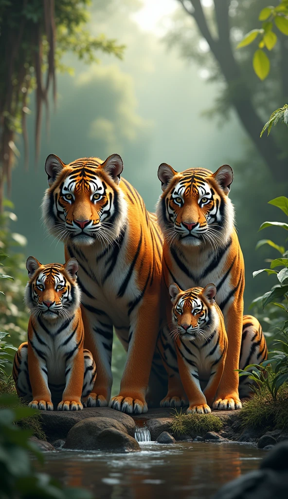 "Create a highly realistic image of a tiger family in their natural jungle habitat. The scene should include a male tiger, a female tiger, and their cubs. The tigers should be depicted with detailed, vivid stripes and expressive faces. The background should feature a lush jungle with dense foliage, a flowing river or stream, and a naturalistic sky, capturing the beauty and wildness of their environment."