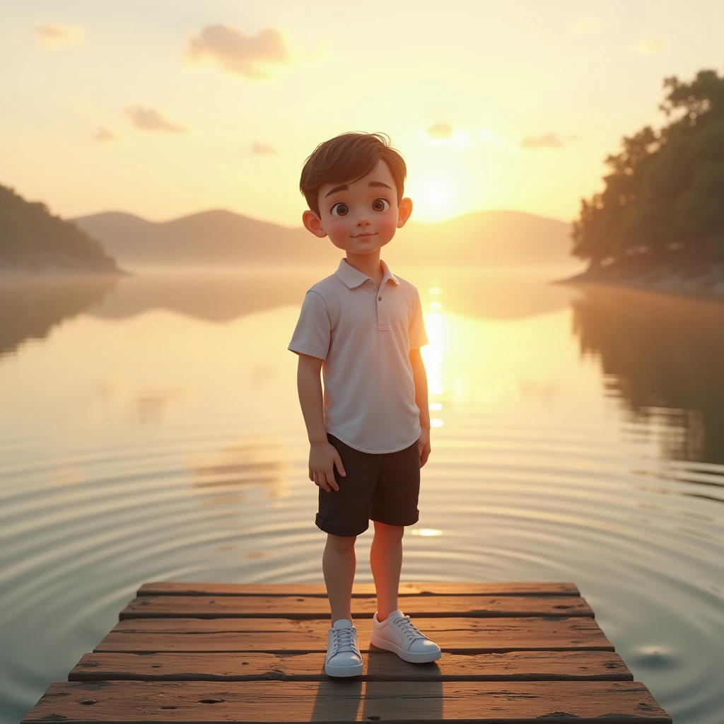 makes image of a white man, 3, model type, with short dark hair, with clear eyes, wearing a complete white shirt, Black shorts, tennis, on top of a pier on a lake in Alentejo, at sunrise.