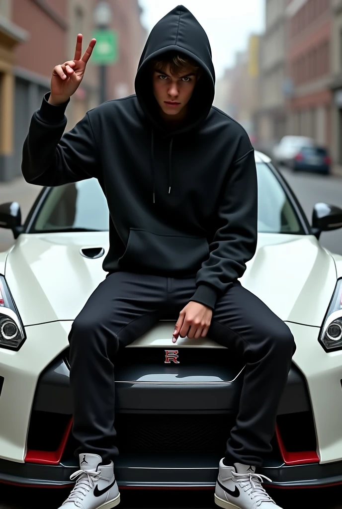 young man wearing a black sweatshirt with a hood over his head, black pants and Jordan sneakers sitting on the hood of a white GTR r35 with his head down showing the middle finger