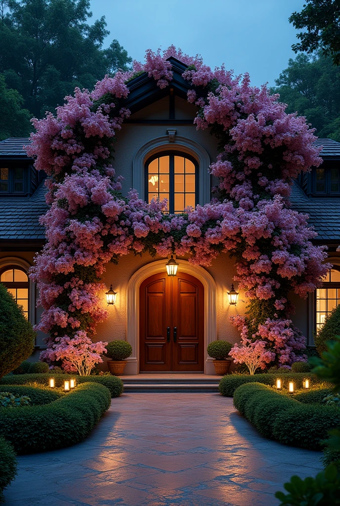 high resolution、8k、Stylish house entrance、Surrounded by flowers、night、Outdoor lighting、Many flowers bloom on the exterior walls、