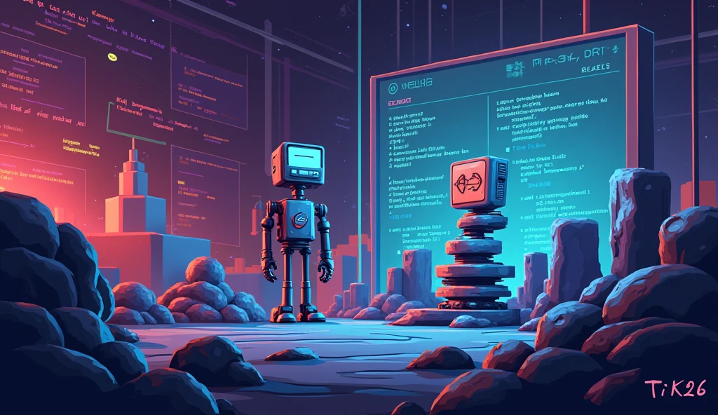 game pixel background with robot, computer, ++ in pac-man’s mouth, javascript, python, html and text TiK26 with T and K capitalize
